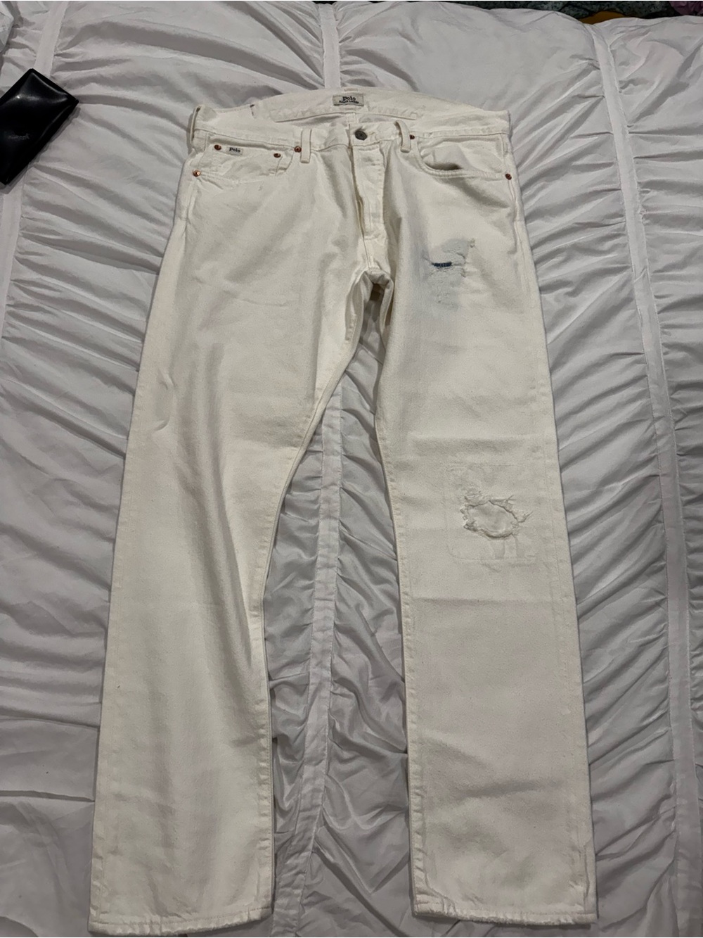 Ralph Lauren Men's White Straight Jeans with Distressed Detail